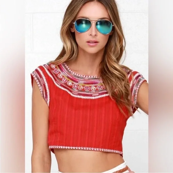 Billabong Designer’s Chica Amiga Embroidered Top Rio Red Large - Picture 2 of 16